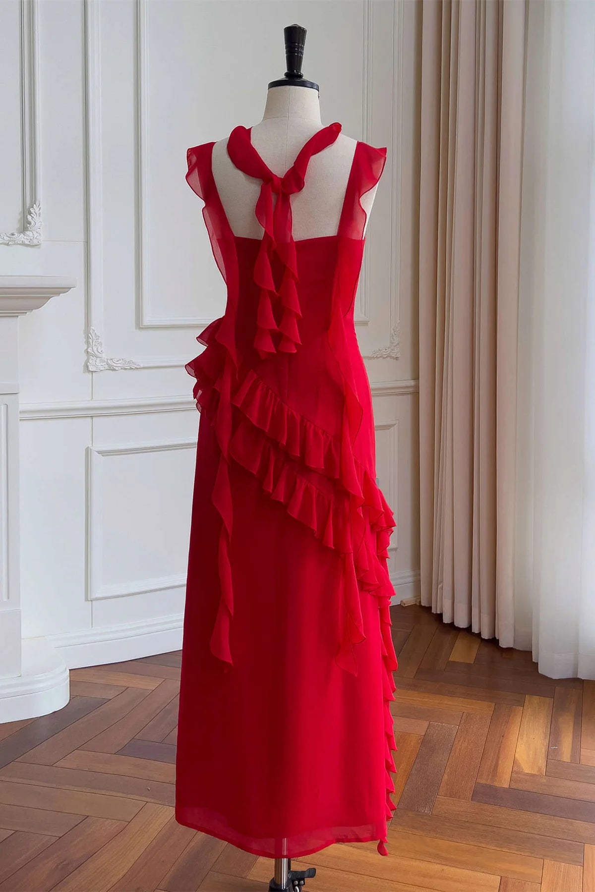Vestidos formales/Vestido largo de fiesta de gasa con cuello cuadrado y volantes rojos Vestido de graduación/Tiendas de vestidos de graduación